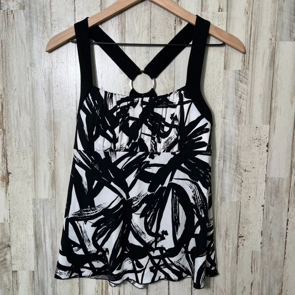 Vintage Y2K IZ Byer Abstract Black White Milkmaid‎ Razorback O Ring Top Womens M